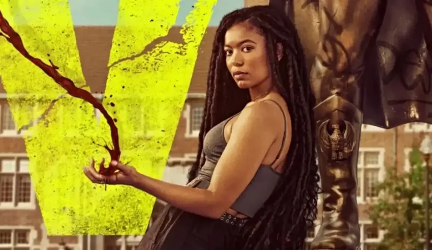 A woman with dreadlocks holding a bloody sign.