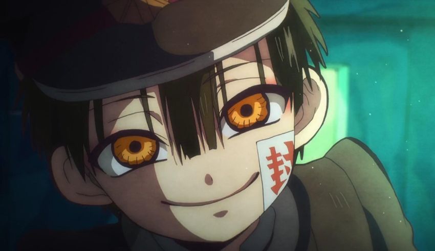 An anime character with orange eyes and a hat.