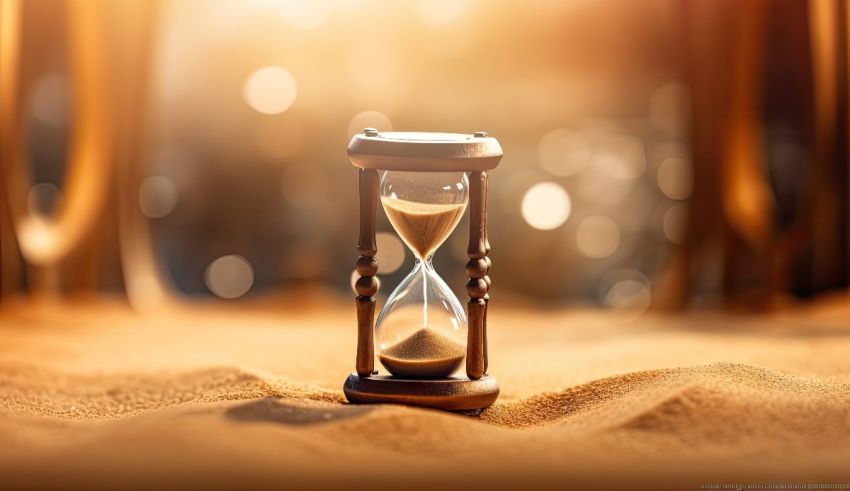 An hourglass sitting in the sand.