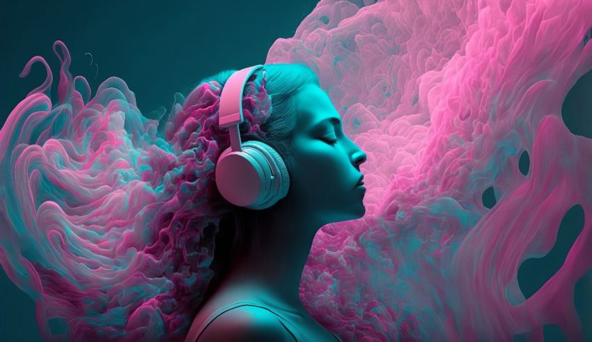 A woman wearing headphones and listening to music.