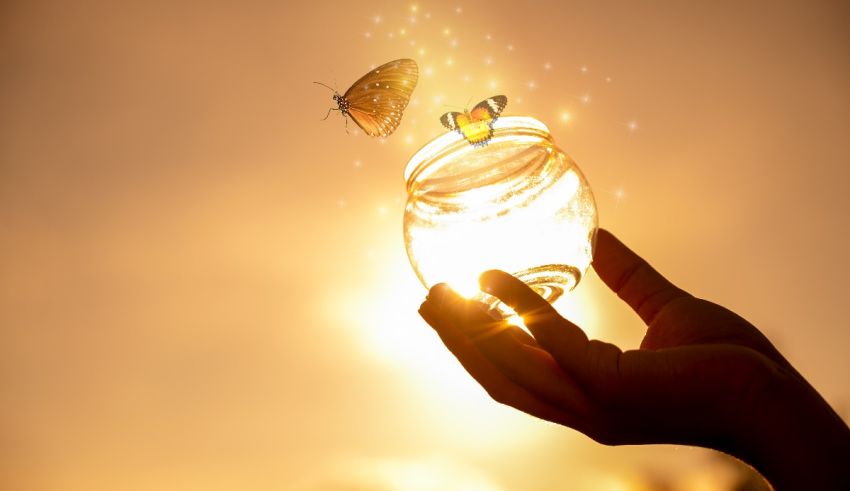 A hand holding a glass with a butterfly in it.