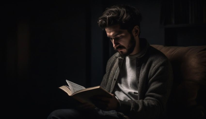 A man sitting in a chair reading a book in the dark.