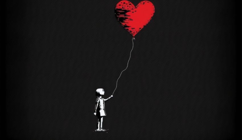 A girl holding a red heart balloon on a black background.