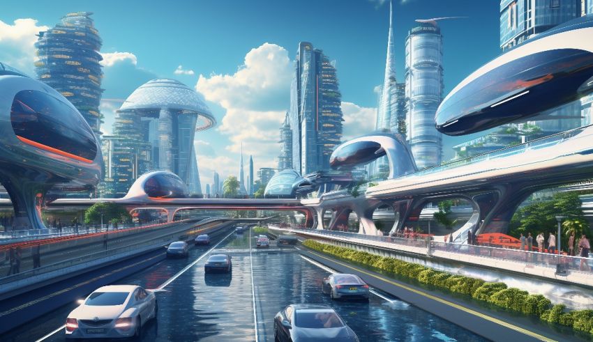Futuristic city with futuristic cars and futuristic buildings.