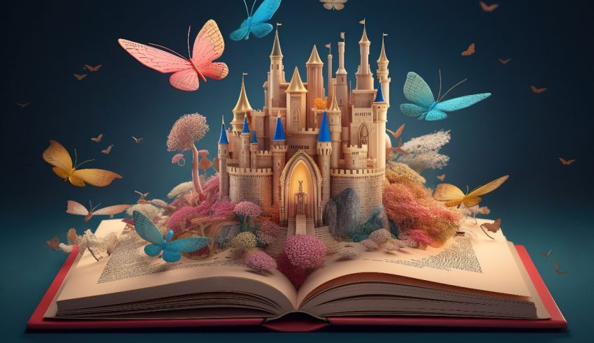 An open book with butterflies flying around a castle.