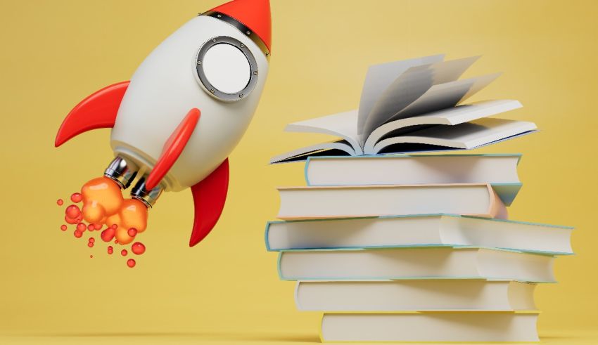 A rocket flying over a stack of books.