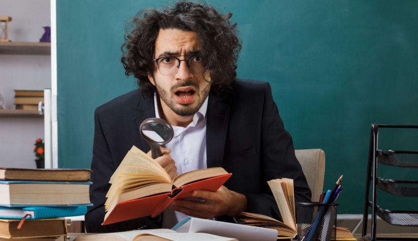 A man sitting at a desk with a magnifying glass.